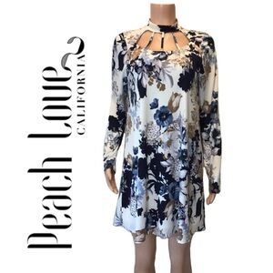 Peach Love California Blue Floral Long Sleeve Mini Shift Dress Size Small